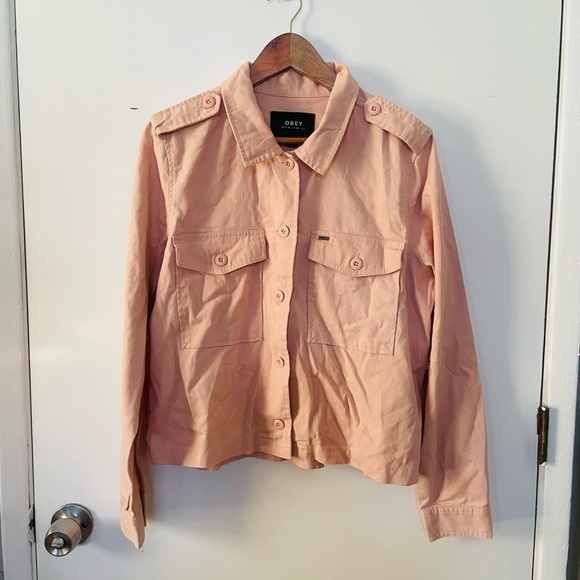 Obey Jackets & Blazers - Obey Baby Pink Cropped Utility Jacket Size Large